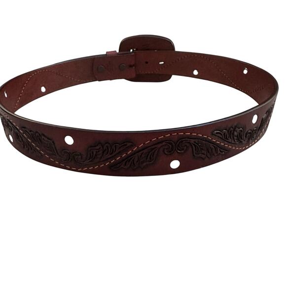 VTG Tooled Leather Belt Western Boho Cross Buckle Studded Brown Sz 34 main image 10